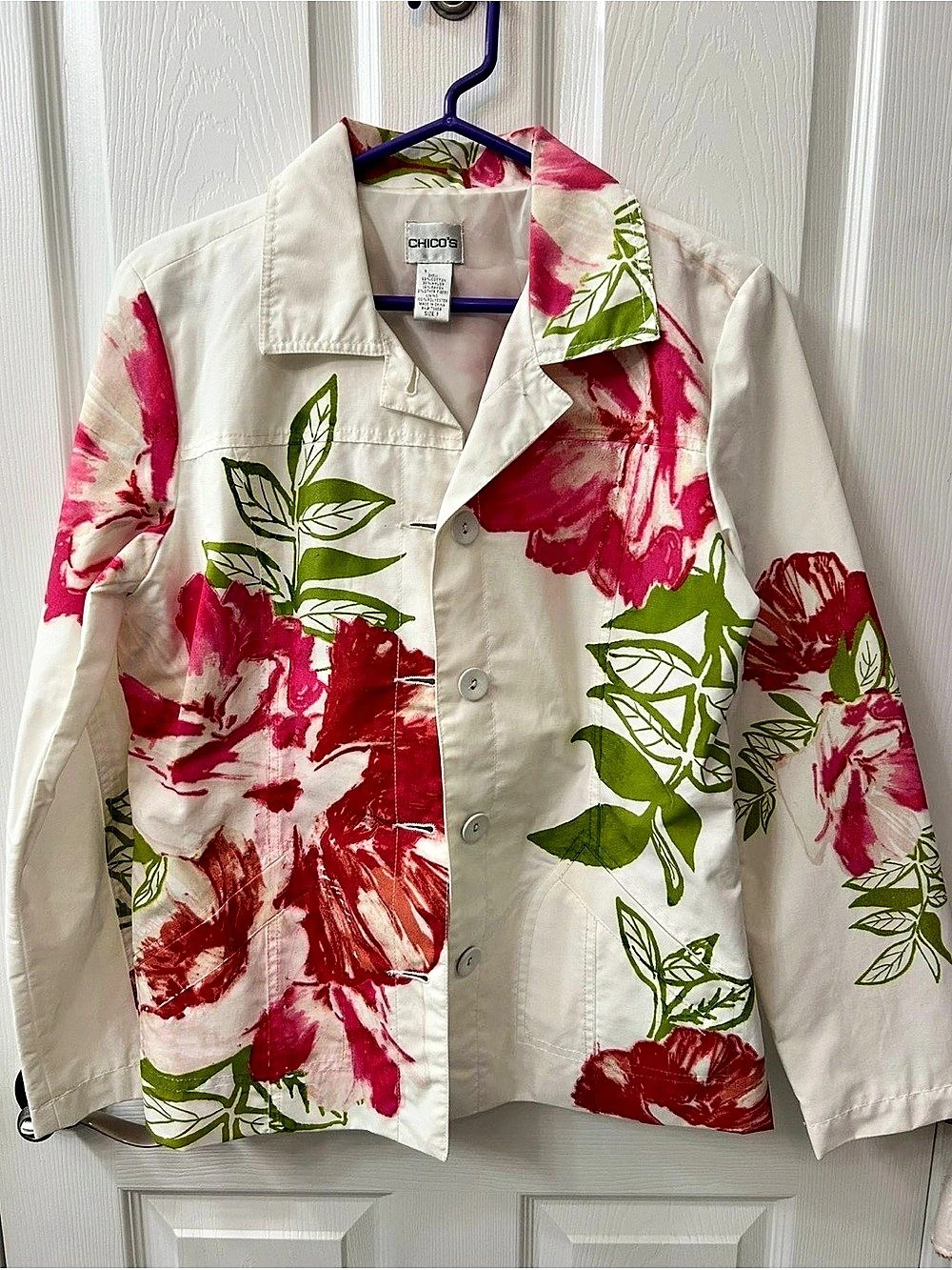 Chico's Floral Blazer in White & Pink Size 1 Like New